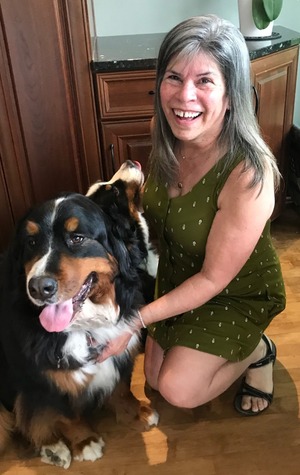 person in a dark green dress kneeling next to a large black, brown, and white dog